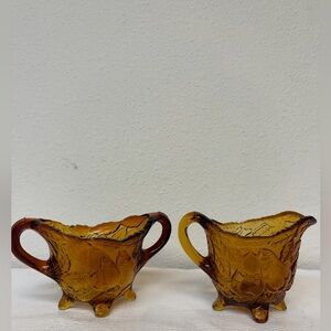 Amber Glass Creamer and Sugar Set - Pressed Glass